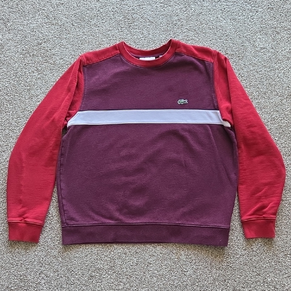 Lacoste Men’s Burgundy and Red Colorblock Crewneck with White Stripe